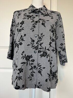 Vtg Divine USA Floral Button-Up Top Size 2X Grey Black 90s Button Up Whimsigoth